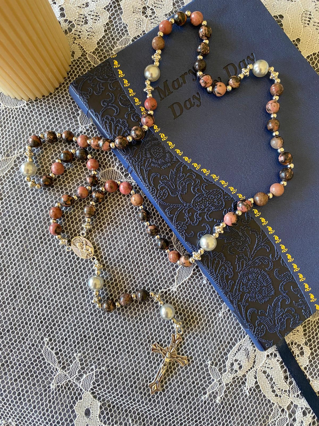 Rosaryo na may Beads na Natural na Bato - Rhodochrosite