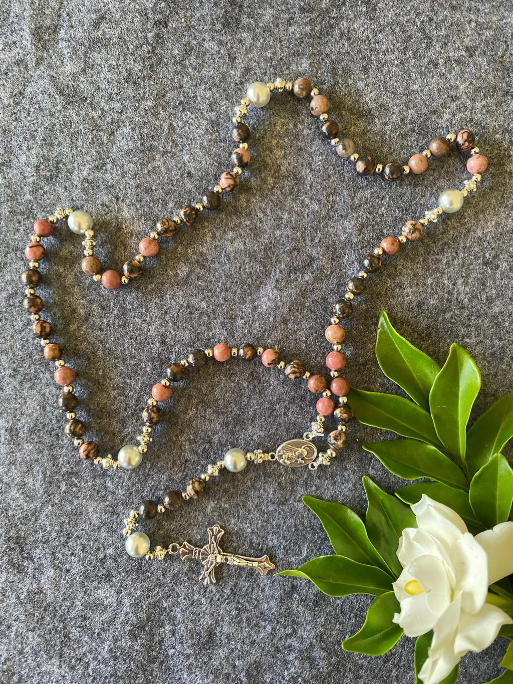 Rosaryo na may Beads na Natural na Bato - Rhodochrosite