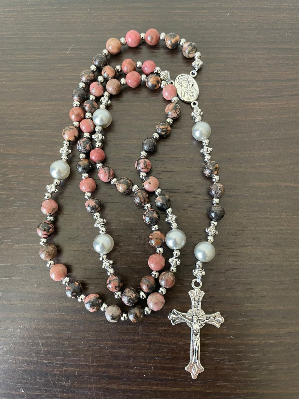 Rosaryo na may Beads na Natural na Bato - Rhodochrosite