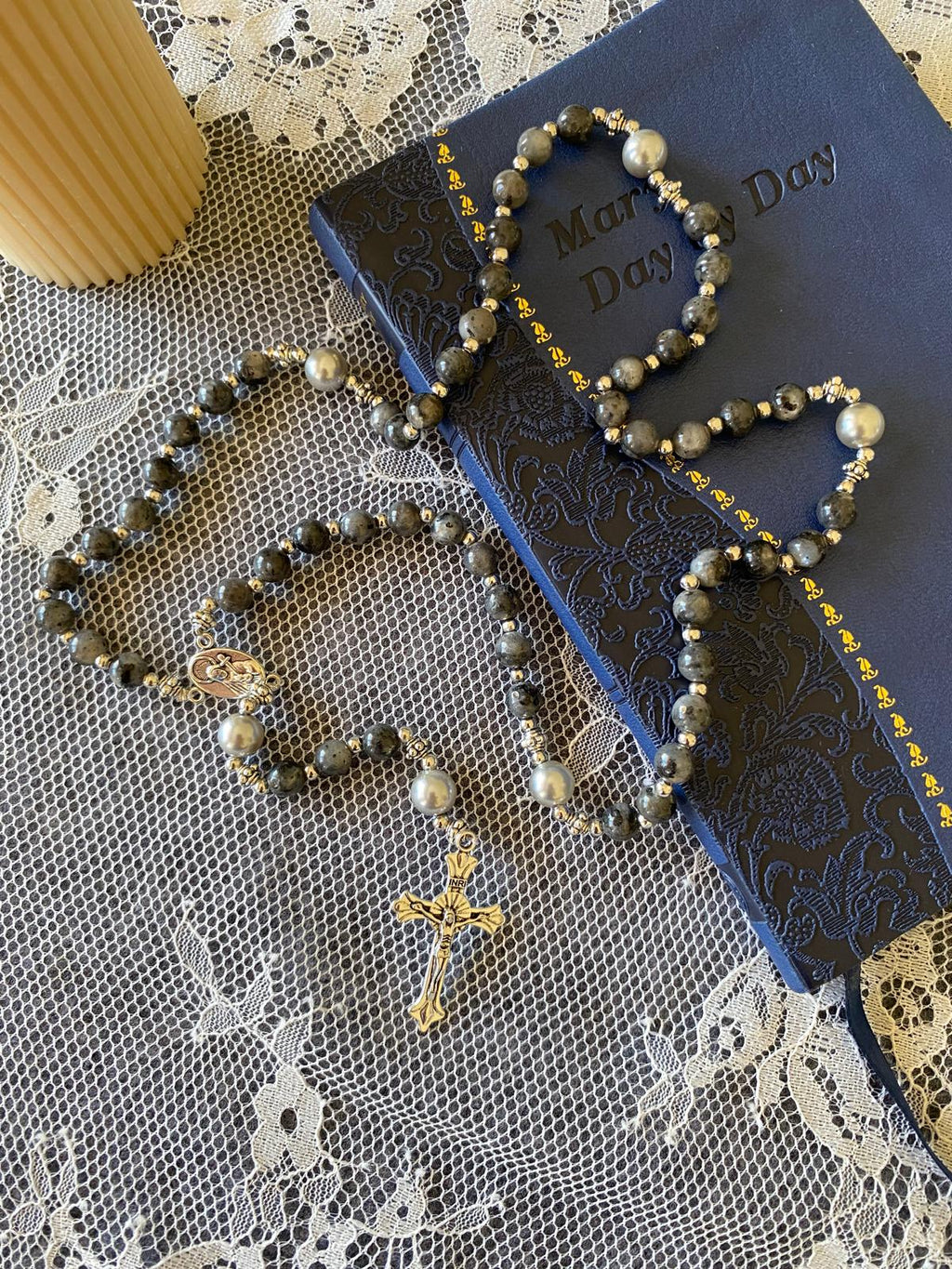 Rosaryo na may Beads na Natural na Bato - Spectrolite