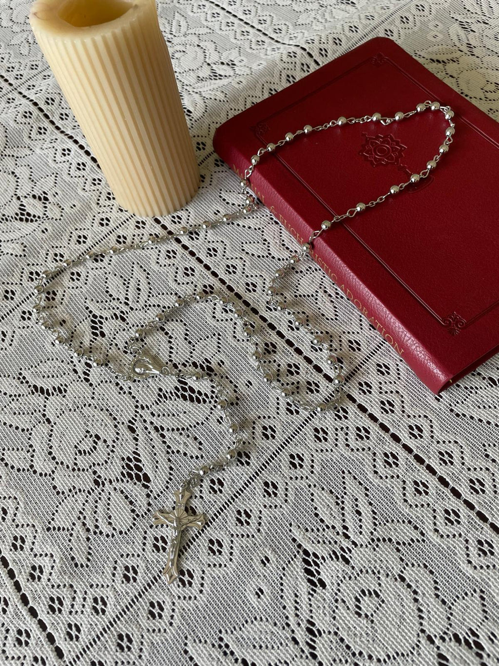 Maliit na Rosaryo na may Halong Buhok - Pilak